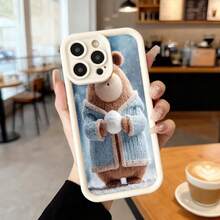 Fundas para telefono de silicona negra con estampado de oso polar en abrigo azul sosteniendo bola de nieve ideal para uso diario en cafes y espacios interiores Aplicable a los teléfonos de la serie Apple y Galaxy - Negro - Ver 3