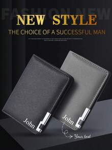 1pc Customized Men's Short Wallet, Can Be Customized With Name/Text/Short Leather Wallet With Metal Edge, Cross-Grain Men's Multi-Card Wallet, Personalized Men's Wallet, PU Minimalist Multi-Slot Wallet, Customized Men's Wallet, PU Faux Leather Wallet, Made Of PU Material, Hot Stamping Craft, Personalized Gift, Personalized Gift For Brother, Father, Boyfriend, Suitable For Anniversary, Gift For Men - 彩色 - 查看 2