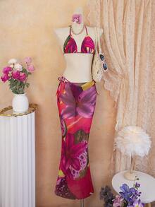 Conjunto de bikini de 3 piezas para mujer con estampado de flor de loto, diseño con lazo, falda maxi de malla, traje de baño vintage bohemio casual con tirantes finos, adecuado para vacaciones de primavera/verano, tomar el sol - Rojo - Ver 8