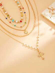 3pcs/Set Vintage Metal Cross Pendant Y-Necklace, Bohemian Style Colorful Crystal Bead Necklace Set, Suitable For Women's Daily And Holiday Wear, Gift For Friends - Yellow Gold - View 7