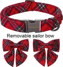 Christmas Dog Collar With Soft Cotton Red Plaid Christmas Bowtie Anetal Buckle,26170755 - 黑色 - 查看 2