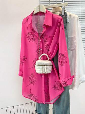 Women's Unique Leaf Print Long Shirt With Pockets, Casual Slimming Fit For Daily Wear, Festivals, Home, Autumn/Winter