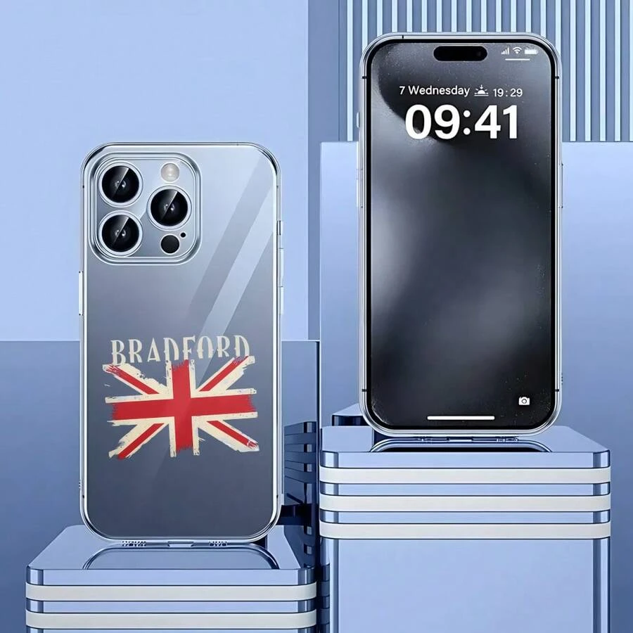 Carcasa transparente de teléfono móvil de moda Cubierta de teléfono transparente para iPhone con diseño de bandera británica y texto Bradford color gris claro ideal para uso diario y viajes - transparente - Ver 1