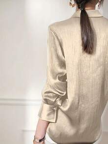 Women's Elegant Champagne Satin Blouse - Long Sleeve Button-Up Casual Top, Premium Satin Fabric, Suitable For Spring/Summer/Autumn/Winter, Office And Casual Wear, Machine Washable