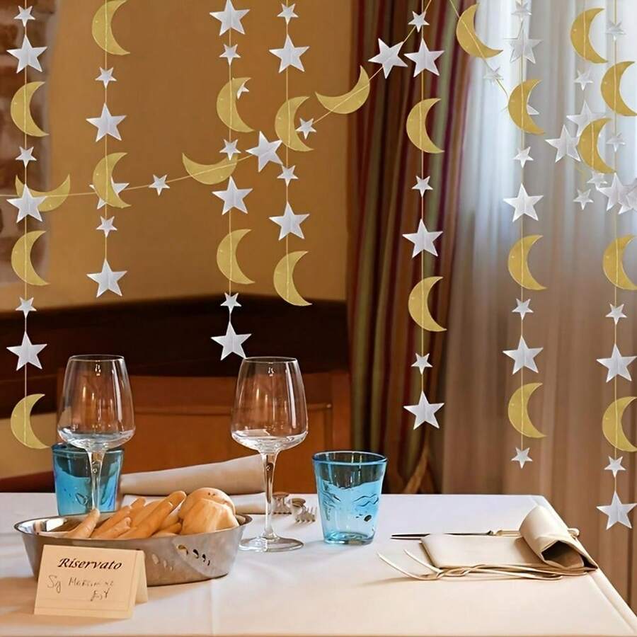 1pc/3pcs Eid Mubarak Star & Crescent Hanging Decor, 2m Mirror Star & Moon Decoration For Eid Al-Adha - Multicolor - View 1