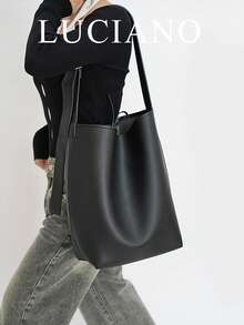 Large Capacity Black Bucket Bag, Retro Korean Minimalist Style, Fashionable French Adjustable Shoulder Strap Crossbody Bag, Casual Commuter Shoulder Bag Suitable For Women, Students, Office Workers, Daily Commute, Shopping, School, Travel - Black - View 1