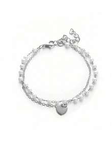 1pc Versatile Women Faux Pearl Double Layer Chain Pendant Bracelet, Suitable For Commute, Everyday & Dating - Silver - View 3