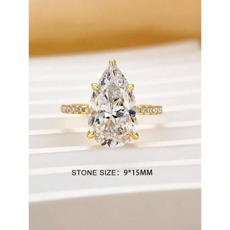 5.0CT Elongated Pear Shaped Engagement Ring, Hidden S925 Silver Teardrop Promise Wedding Ring - 14K Yellow Gold Plated + 7 - View 2