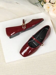Women's Buckle Square Toe Flat Shoes - Vivid Wine Red Faux Leather, Soft Rubber Sole And Padded PU Insole - Comfortable Office And Casual Shoes, Suitable For All Seasons, Women's Flats, Slip-On Style, Solid Glossy Finish - Square Gold Buckle - 酒紅色 - 查看 16