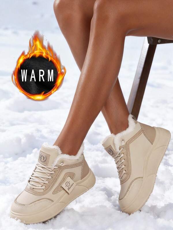 A Pair Of Athleisure Women's Snowshoes With Round Toe Outdoor Lace-Up Autumn And Winter Leather Fleece High-Top Boots Are Fashionable And Comfortable 2025 New