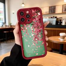 Funda para telefono con borde negro y diseño de flores de cerezo rosa sobre fondo verde para iPhone 13 Pro Max elegante y protectora ideal para uso diario en cafeterias y salas de estar Aplicable a los teléfonos de la serie Apple y Galaxy - Café integral - Ver 5