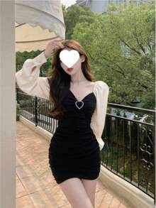 Dress Women's Fake Two-Piece Tight Waist V-Neck Long Sleeve Skirt 2025 Autumn New Style Hip-Covering Bottoming Short Skirt - 圖片色 - 查看 1