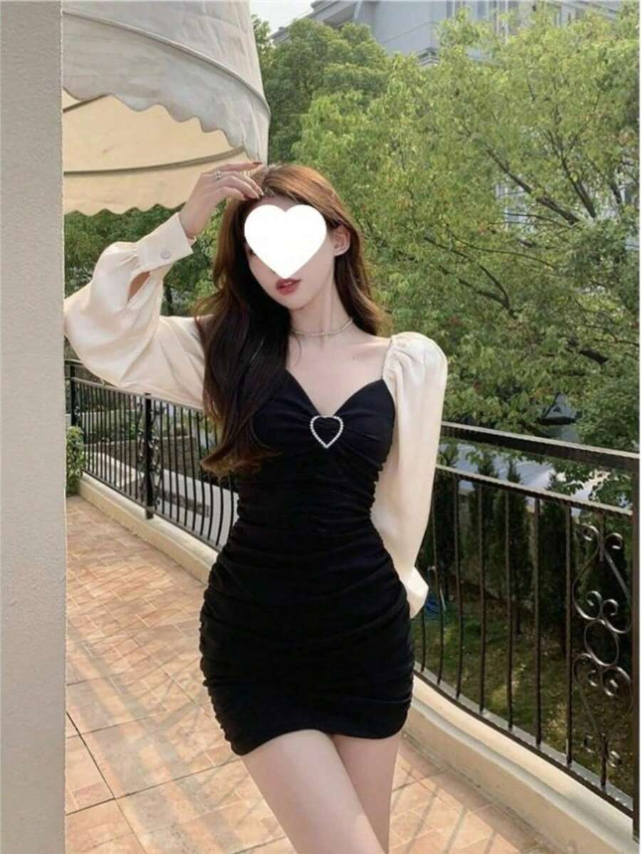 Dress Women's Fake Two-Piece Tight Waist V-Neck Long Sleeve Skirt 2025 Autumn New Style Hip-Covering Bottoming Short Skirt - 圖片色 - 查看 1