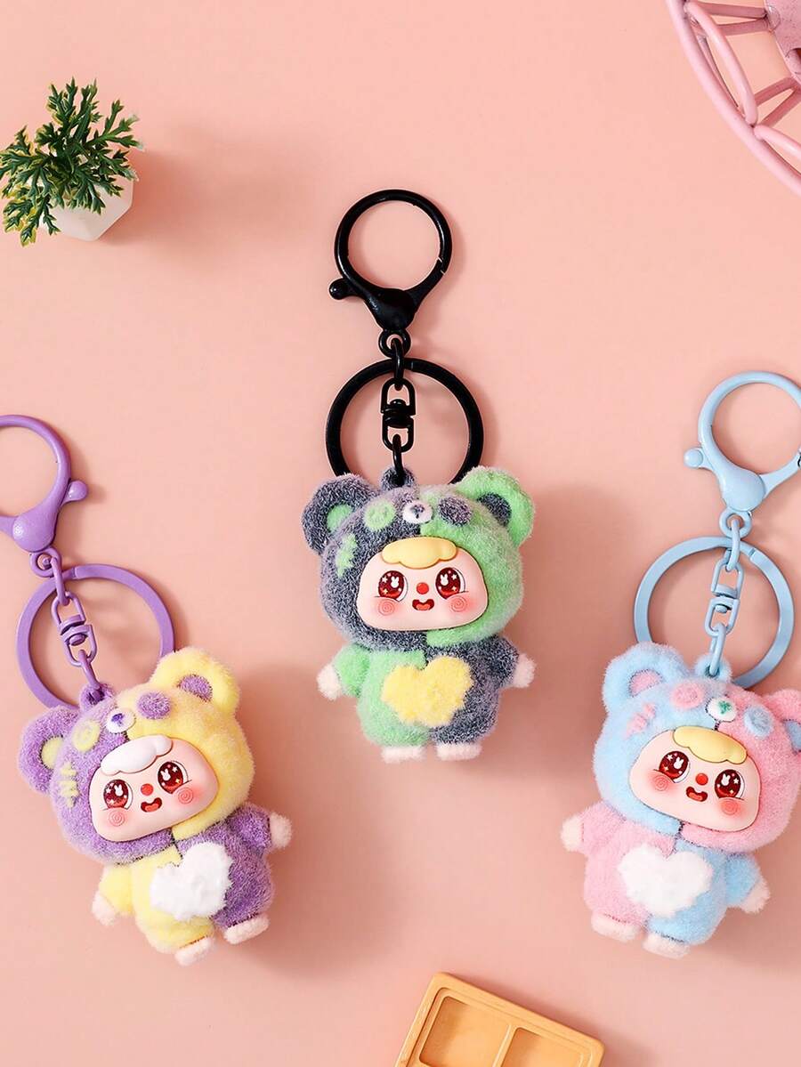 1pc Cute Flocked Patchwork Pompom Keychain Pendant, Girly Bag Charm, Fashionable Car Hanging Ornament, Birthday Gift For Friends And Family - Multicolor - View 1