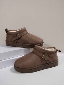 2025秋冬新款女士厚底毛绒雪地靴，毛绒内衬套脚式闭趾拖鞋 - 咖啡棕 - 查看 3