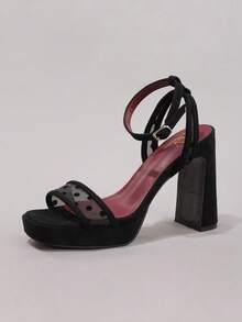 Fashionable Lace Patchwork Black High Heel Sandals, Sexy For Ball, Party, Evening, Waterproof Platform Square Toe Thick Heel Sandals For Women,Spring Summer Outfits - Black - View 17