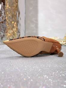 Leopard Print Color Block Pointed Toe Stiletto High Heels, Niche Design Low Vamp Pumps, Comfortable & Fashionable, Versatile For Autumn/Winter 2025 - Brown - View 6