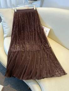 LuminousWealth Women's Elegant Long Skirt - Brown Pleated A-Line Skirt, Velvet & Mesh Design, Suitable For All Seasons, High Waist - 咖啡棕 - 查看 6