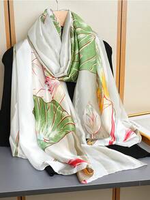 1条女士印花仿丝围巾，时尚百搭，适合春秋季节、旅行及日常装饰。 - 藍白色 - 查看 14