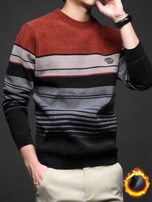 Red Men's Winter Thick Sherpa Striped Knit Sweater - Red - View 5