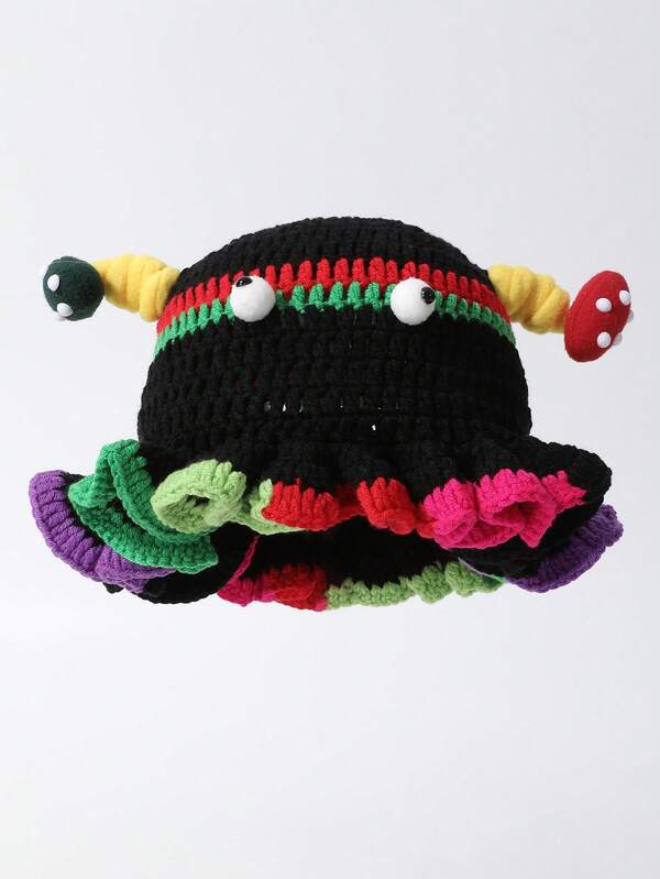 1pc Women's Cute Quirky Eye Mushroom Ear Ruffle Knit Hat, Autumn/Winter Warm Ear Protection Beanie, Fashionable & Versatile