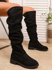 2025新款秋季法式中筒牛仔靴，修身骑马靴 - 黑色 - 查看 2