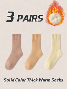 3 Paar Damen Dicke einfarbige thermisch gefütterte Wollmischsocken, Schwarz/Weiß/Khaki, warm, weich, bequem, kältebeständig, Lässig, geeignet für Zuhause, Herbst/Winter