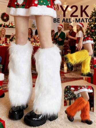 Y2K ที่อุ่นขาตุ๊กตา Harajuku ปลอกหุ้มรองเท้า, ถุงเท้าเข่าขนปุยสำหรับผู้หญิง, เครื่องประดับปาร์ตี้เต้นรำขนปุย, ถุงเท้าลูกเรือเทศกาล Rave ฤดูหนาวสีเหลือง/ส้ม