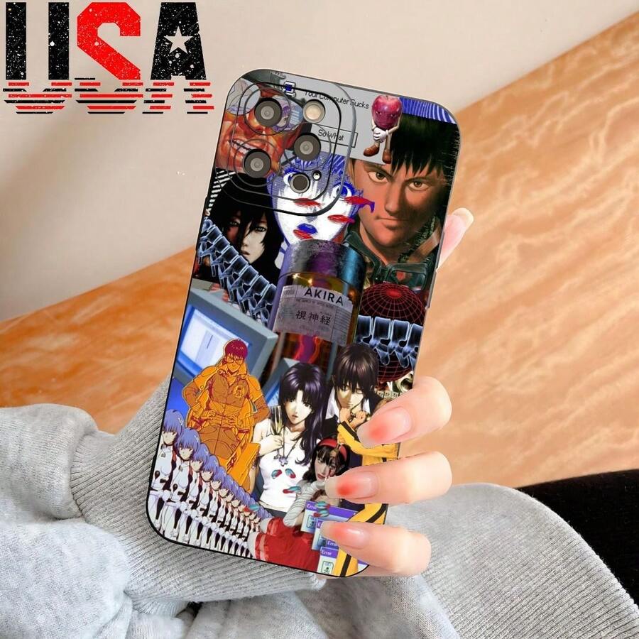 Estilo simple y elegante Anime Visual para iPhone 16/15/14/13/12/11 ProMax/Plus con funda protectora de cobertura total anti-caída y anti-deslizamiento, funda suave de TPU, funda de silicona de color dopamina, múltiples colores disponibles, Cyberpunk Festival Tech negro - Blanco - Ver 1