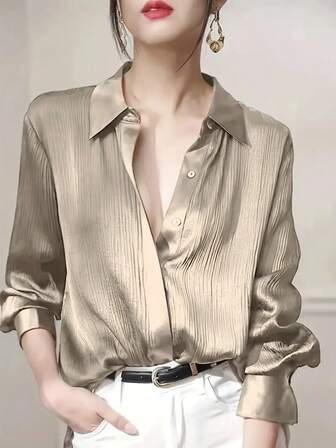 Women's Elegant Champagne Satin Blouse - Long Sleeve Button-Up Casual Top, Premium Satin Fabric, Suitable For Spring/Summer/Autumn/Winter, Office And Casual Wear, Machine Washable