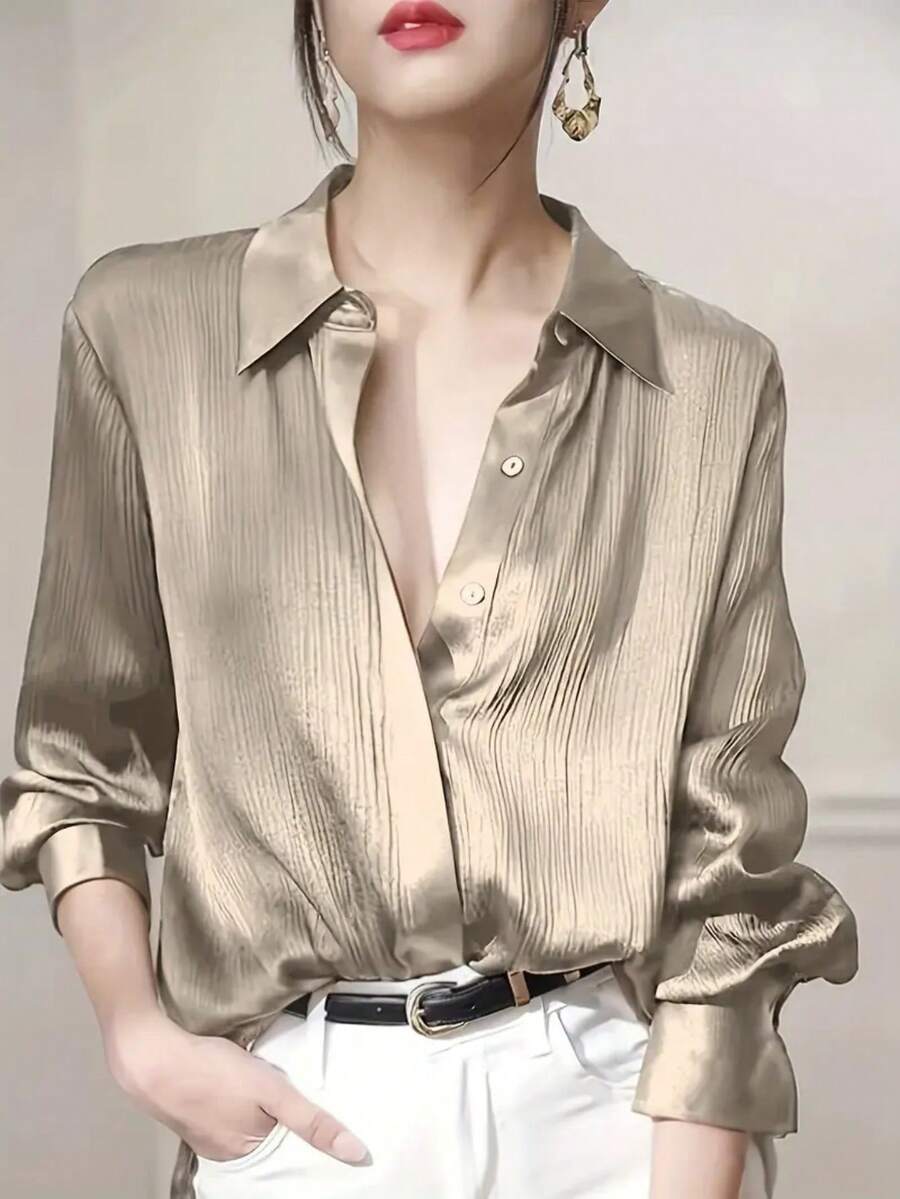 Women's Elegant Champagne Satin Blouse - Long Sleeve Button-Up Casual Top, Premium Satin Fabric, Suitable For Spring/Summer/Autumn/Winter, Office And Casual Wear, Machine Washable