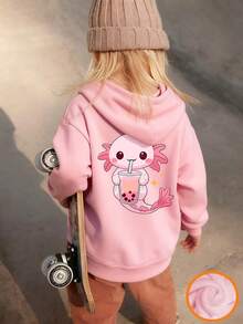 年轻女孩、学生、秋冬季童装，长袖加厚绒面上衣，“粉色六边形恐龙喝波霸奶茶”印花连帽卫衣，柔软舒适 - 粉色 - 查看 7