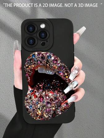 1pc Sexy Rhinestone Lips Printed 2D Pattern, Popular Creative High-End Retro Elegant Sensual Lip Aesthetic Style, Suitable As Birthday/Holiday Gift For Elders, Friends, Family, Couples, Yourself. Black Matte Soft Case With Full Protection, Dust-Proof And Waterproof, Compatible With IPhone 16/15/14/13/12/11/Pro/ProMax/X/XR/XS/XSMAX/7/8/D Samsung Models