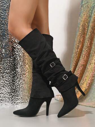 女士性感搭扣过膝长靴，时尚百搭派对细高跟尖头皱纹过膝长靴，秋冬季，高跟鞋