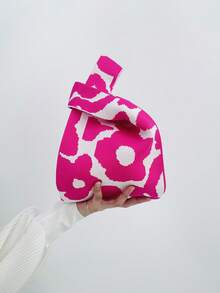 lulu kewen 1pc Floral Pattern Crochet Handbag, Mini Crochet Tote Bag With Floral Design, Breathable And Lightweight, Foldable Pocket Suitable For Storing Phone, Umbrella, Cosmetics, Fashion Women Handbag For Vacation, School, Commuting - Hot Pink - View 8