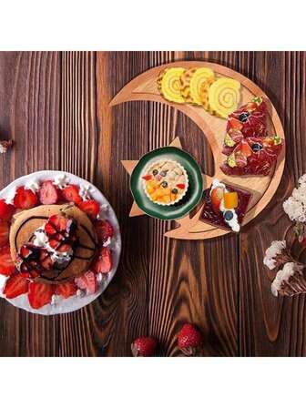 1pc Wooden Crafted Moon & Star Decorative Tray, Snack Plate - Divided Wooden Dry Fruit Box, For Nuts, Dried Fruits, Candies, Cakes, Nordic Style Design, Simple & Fashionable, Suitable For Living Room, Dining Room Tables, Eid Al-Fitr, Eid Al-Adha, Ramadan