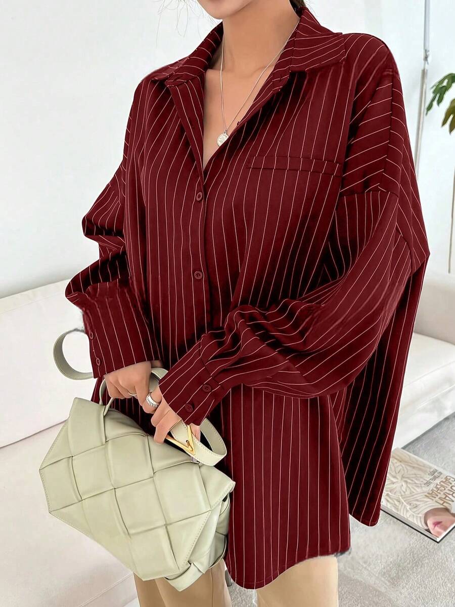 Red & White Striped Front Button Pocket Long Sleeve Shirt, Autumn Spring