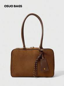 1pc Solid Color Suede Tote Bag, Versatile Commuter Boston Handbag With Large Capacity, Shoulder & Top Handle, Comes With Accessory Charm, Autumn/Winter - Coffee - View 4