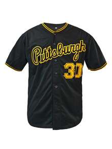 KTYSDE Men's #30 Black Baseball Jersey, Loose Fit V-Neck Short Sleeve Cardigan With Pittsburgh Embroidered Letters, Suitable For Casual Daily Wear, Streetwear, Baseball, Golf Training, Fan Gift, Unisex Spring Sports - Black - View 2