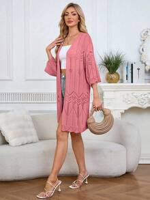 Plus Size Elegant Thin Cardigan, Mid-Length Women Knit Sweater - Pink - View 2