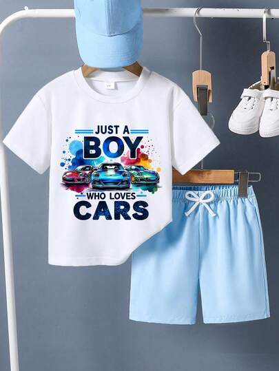 2pcs/Set Young Boy Slogan & Car Print Round Neck Short Sleeve Casual T-Shirt And Shorts Set