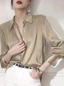 Women's Elegant Champagne Satin Blouse - Long Sleeve Button-Up Casual Top, Premium Satin Fabric, Suitable For Spring/Summer/Autumn/Winter, Office And Casual Wear, Machine Washable