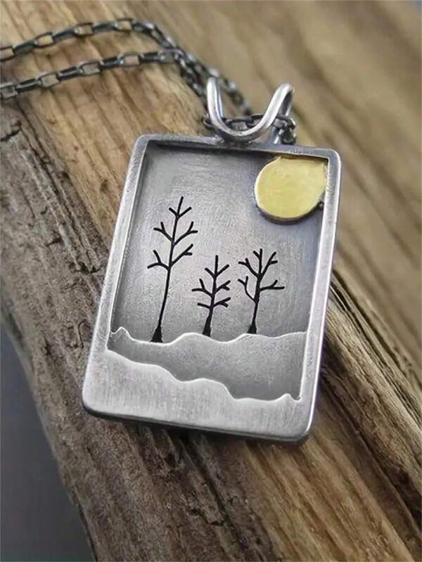 1pc Vintage Minimalist Style Creative Cartoon Tree & Moon Pendant Necklace, Suitable As Jewelry Gift For Women For Daily, Party, Travel Wear