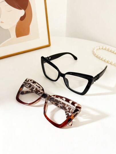 2pcs Classic Retro Cat Eye Plastic Glasses, Timeless Design For Women, Suitable For Party, Outdoor, Travel, Halloween, Music Festival, All Seasons