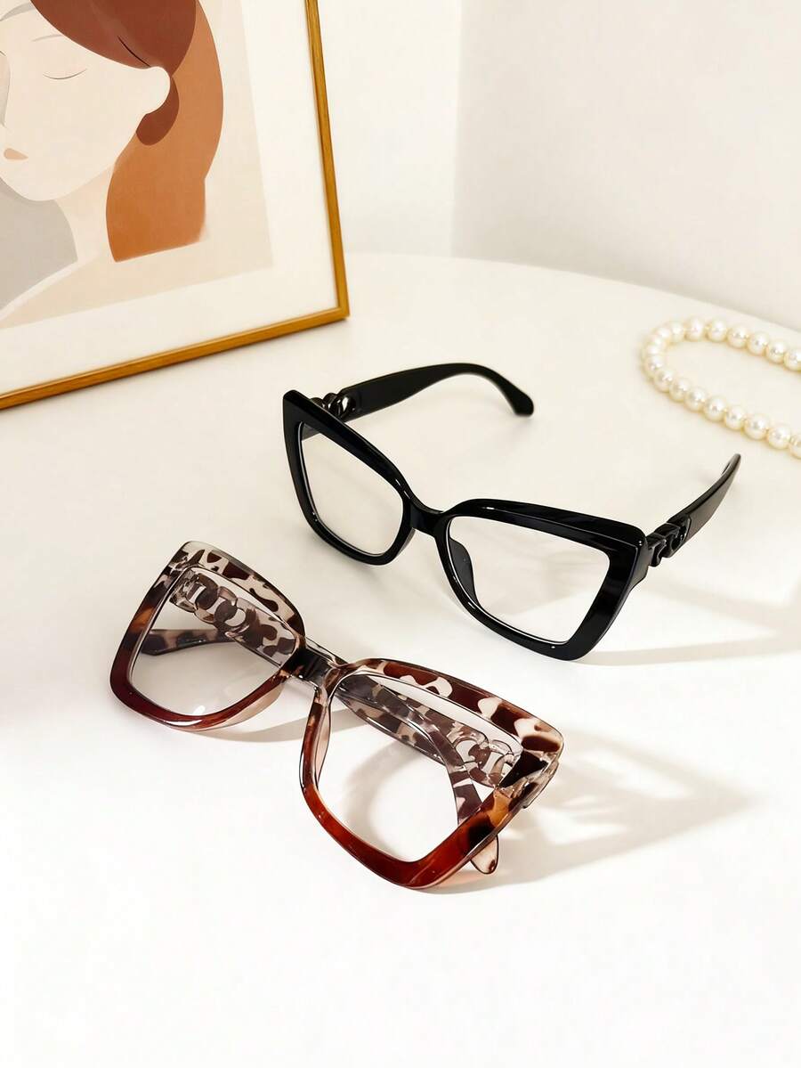 2pcs Classic Retro Cat Eye Plastic Glasses, Timeless Design For Women, Suitable For Party, Outdoor, Travel, Halloween, Music Festival, All Seasons - Multicolor - View 1