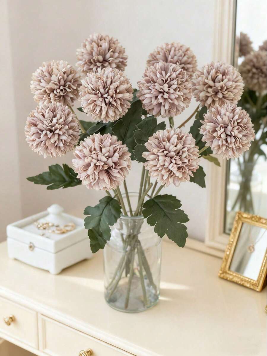 1/80PCS Artificial Ball Chrysanthemum Flowers Silk Bouquets Fake Plants For Wedding Vase For Home Dining Room Bedroom Decorations, Festival Birthday Party Accessories, Outdoor Garden Decorations, Wedding Decor, Artificial Plants Outdoor, Decor Home, Fake Plants, Fake Flowers - Brown - View 1