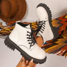 Botas Ankle para Mulheres, Cor Sólida Estilo Básico com Zíper Lateral, Estilo Universitário para Uso Externo, Escritório, Halloween, Festa de Natal, Casamento, Temporada de Inverno, Sola Grossa Cadarço Confortável Volta às Aulas, Botas Curtas Pretas Brilhantes Minimalistas de Moda