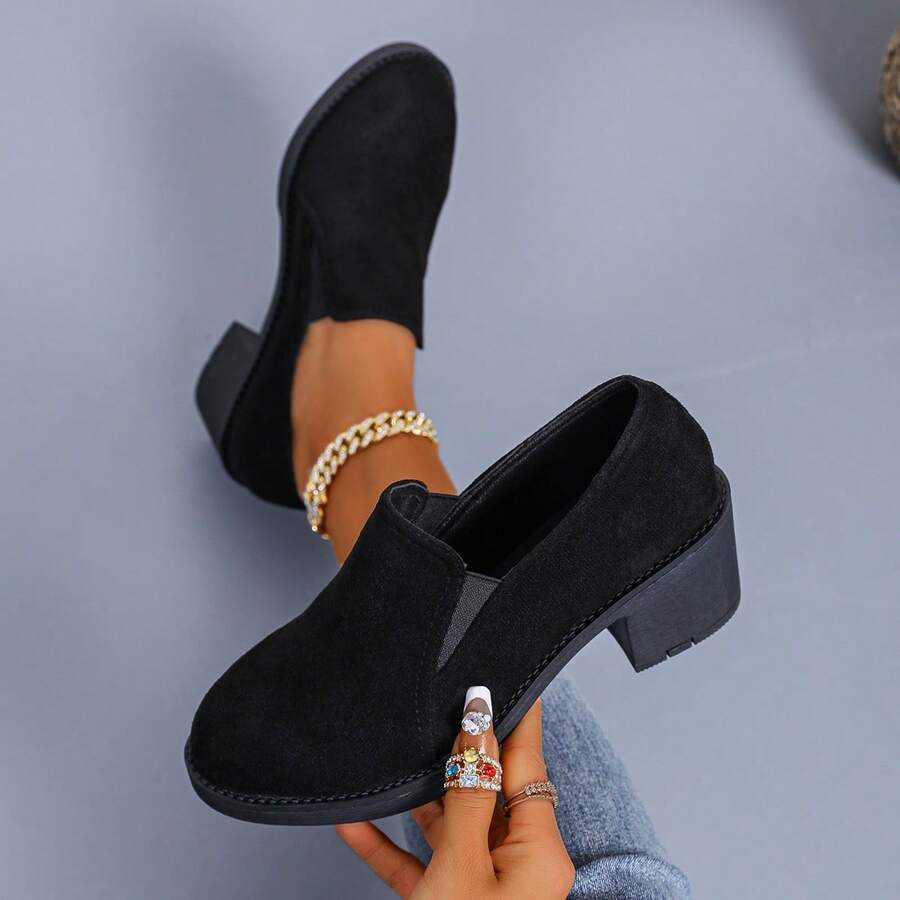 Women's Retro Black Suede Chunky Heel Loafers, Fashionable Comfortable Slip-On Round Toe Shoes, Classic Casual Commute Chunky Heel Thick Sole Shoes - Black - View 1