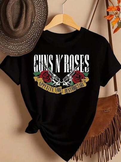Camiseta de mujer de Guns N' Roses con estampado de rock vintage, camiseta con diseño retro, camiseta de manga corta con impresión de letrasnacional envio mujer,blusas para mujer>manga largo