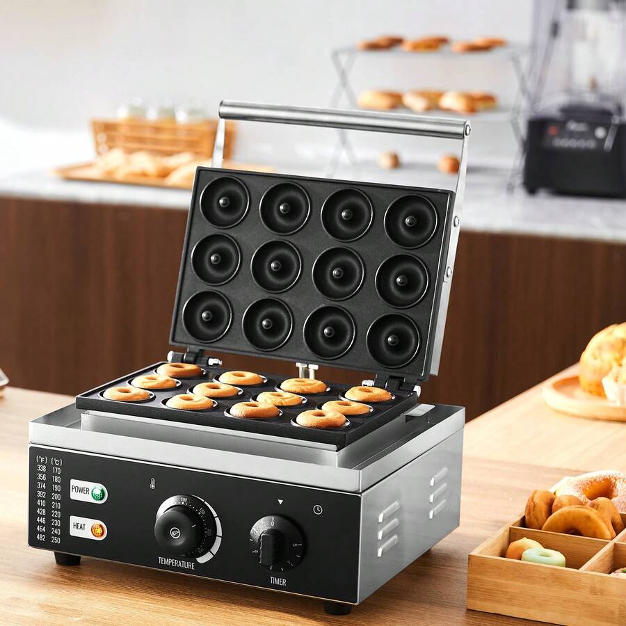 Máquina Eléctrica para Hacer Donuts, Máquina Comercial para Donuts de 1550 W con Superficie Antiadherente, Máquina para Gofres con Calefacción de Doble Cara de 12 Orificios Hace 12 Donuts, Temperatura 122-572 ℉, para Restaurante y Uso Doméstico - 1550 W - Ver 1